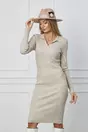 Rochie Mirabela bej din tricot reiat cu guler ascutit