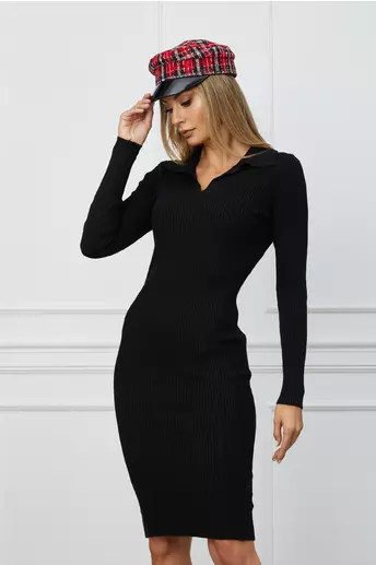 Rochie Mirabela neagra din tricot reiat cu guler ascutit