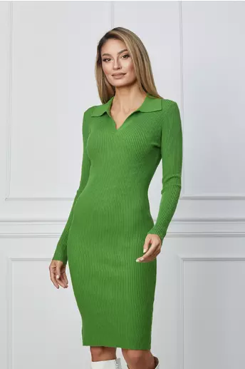 Rochie Mirabela verde din tricot reiat cu guler ascutit