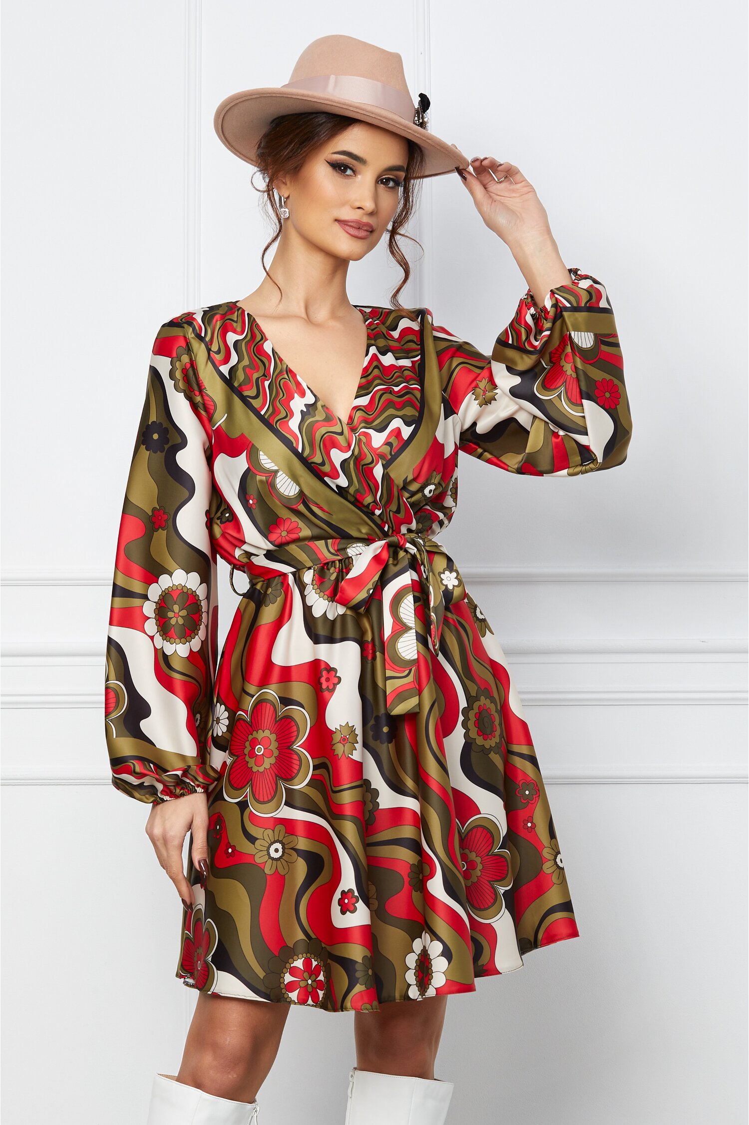 Rochie Miriam kaki cu imprimeu rosu
