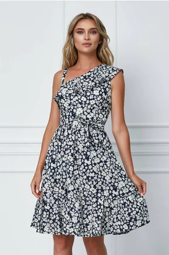 Rochie Moze bleumarin cu flori albe si volan la bust
