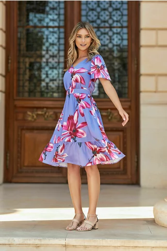Rochie Moze lila cu imprimeu floral maxi fucsia