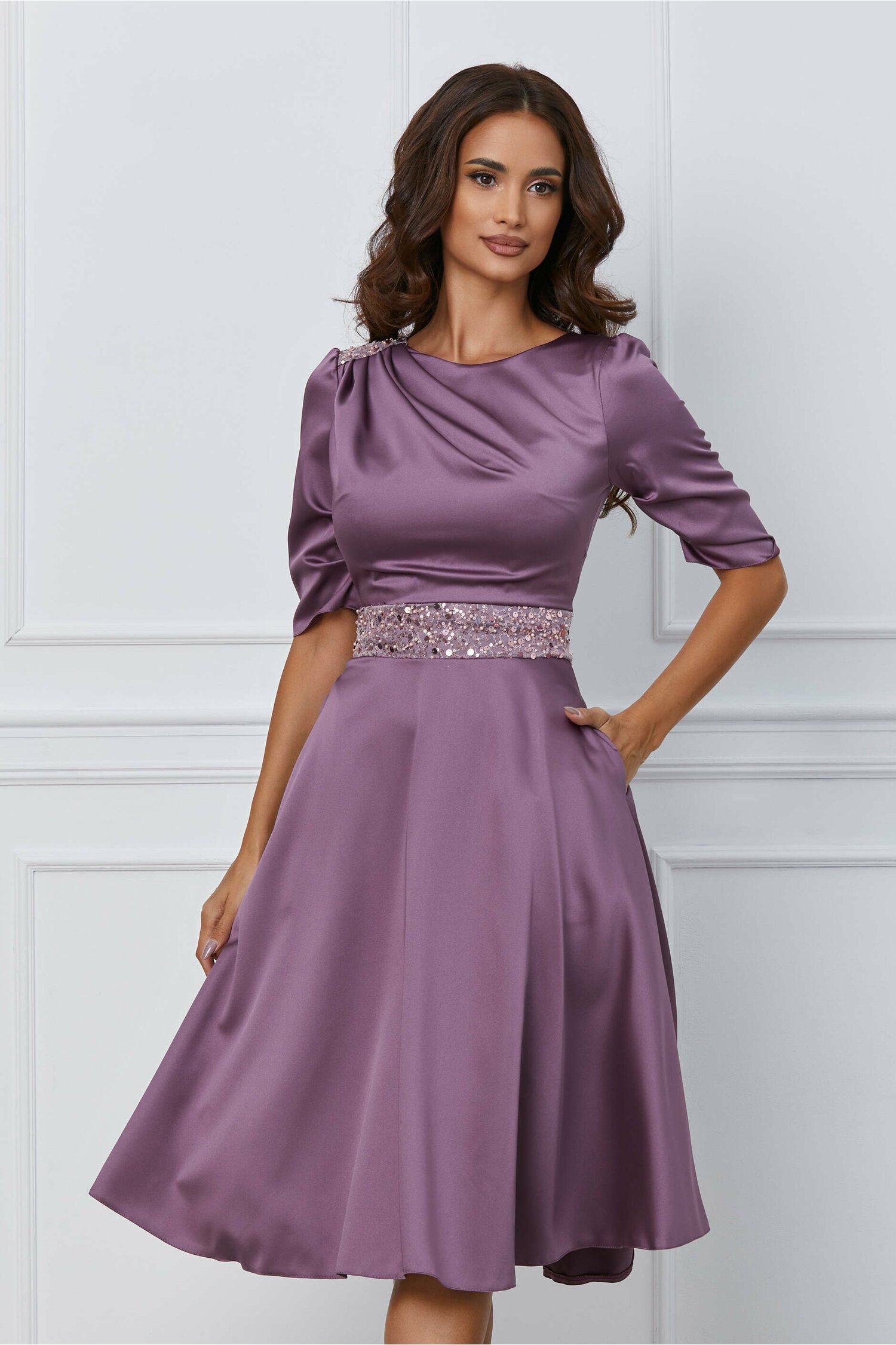 Rochie Moze lila cu paiete in talie