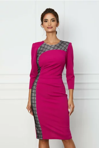 Rochie Moze magenta cu dantela si fronseu in talie