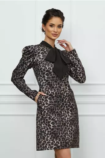 Rochie Moze maro cu animal print si umeri bufanti