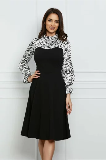 Rochie Moze neagra cu bust si maneci din satin cu zebra print