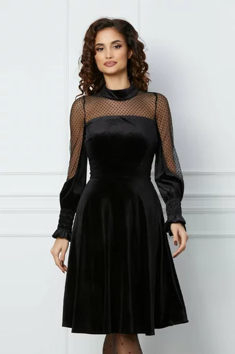 Rochie Moze neagra din catifea cu tull si buline pe maneci