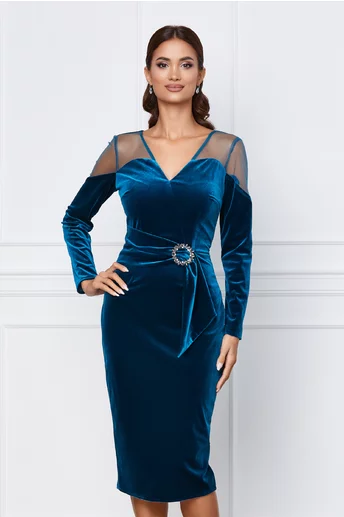 Rochie Moze turcoaz din catifea cu catarama in talie