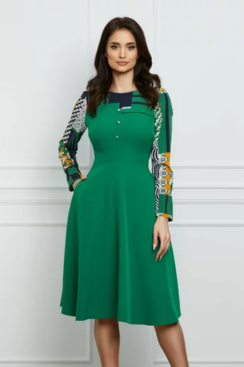Rochie Moze verde cu imprimeu la bust si maneci
