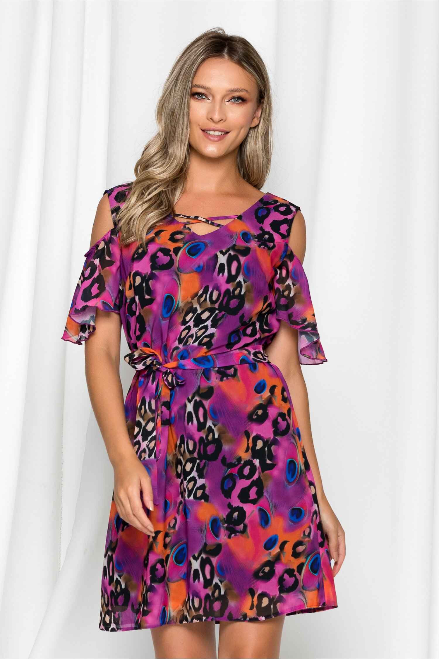 Rochie Nadia mov cu animal print si umerii goi