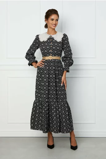 Rochie Nadia neagra cu imprimeu floral si curea in talie