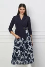 Rochie Narcisa bleumarin cu bust tip sacou si imprimeu pe fusta