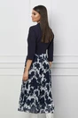 Rochie Narcisa bleumarin cu bust tip sacou si imprimeu pe fusta