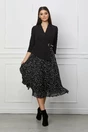 Rochie Narcisa neagra cu bust tip sacou si imprimeu pe fusta