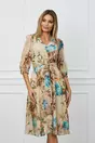 Rochie Natalia bej cu imprimeuri florale albastre si cordon in talie