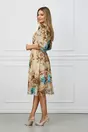 Rochie Natalia bej cu imprimeuri florale albastre si cordon in talie