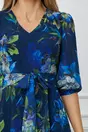Rochie Natalia bleumarin cu imprimeuri florale albastre si cordon in talie
