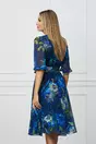 Rochie Natalia bleumarin cu imprimeuri florale albastre si cordon in talie