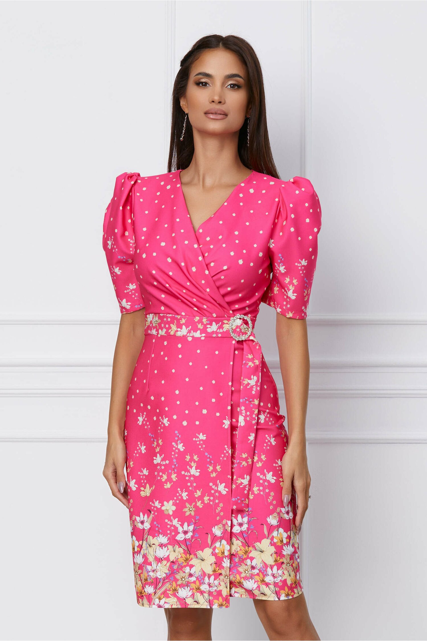 Rochie Natalia fucsia cu imprimeuri florale