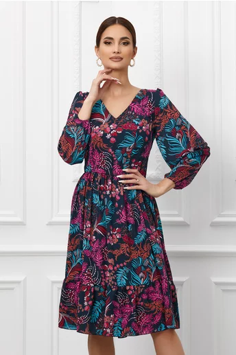 Rochie Olena bleumarin cu imprimeu fucsia
