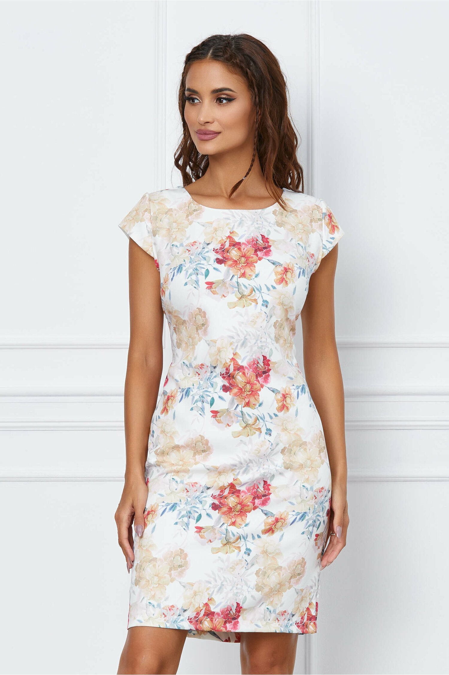 Rochie Olimpia alba cu imprimeu floral bej