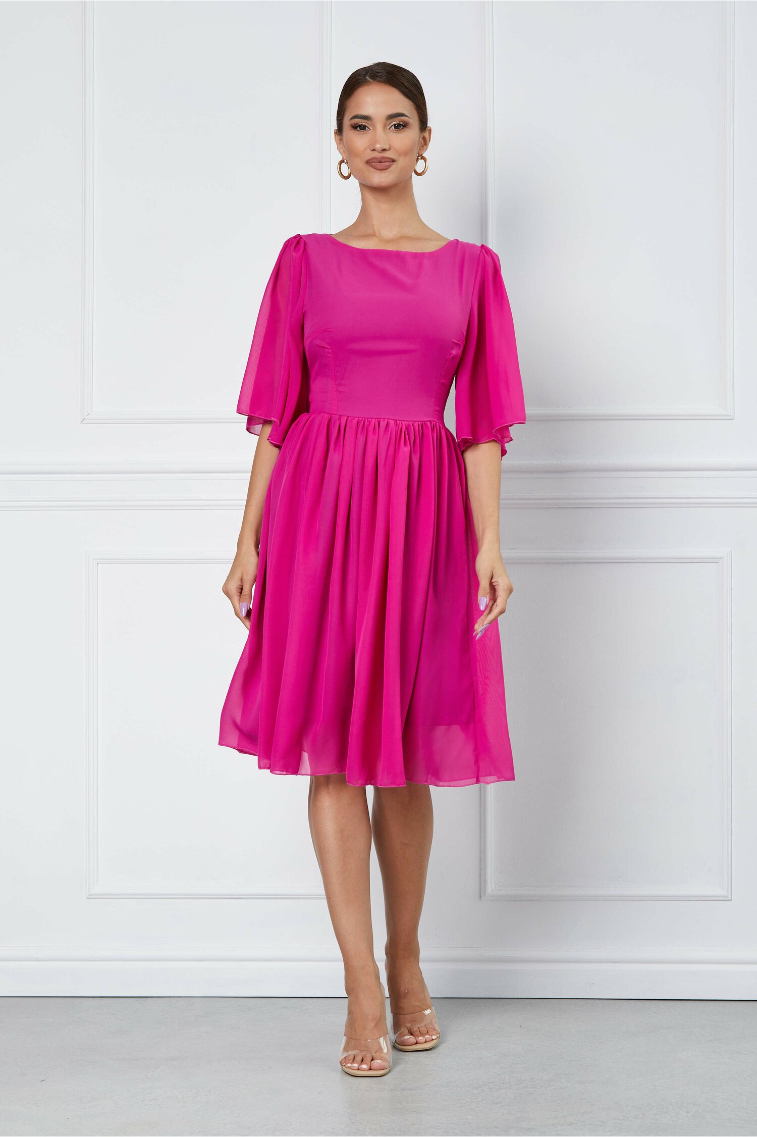 Rochie Pamela fucsia din voal cu maneci evazate