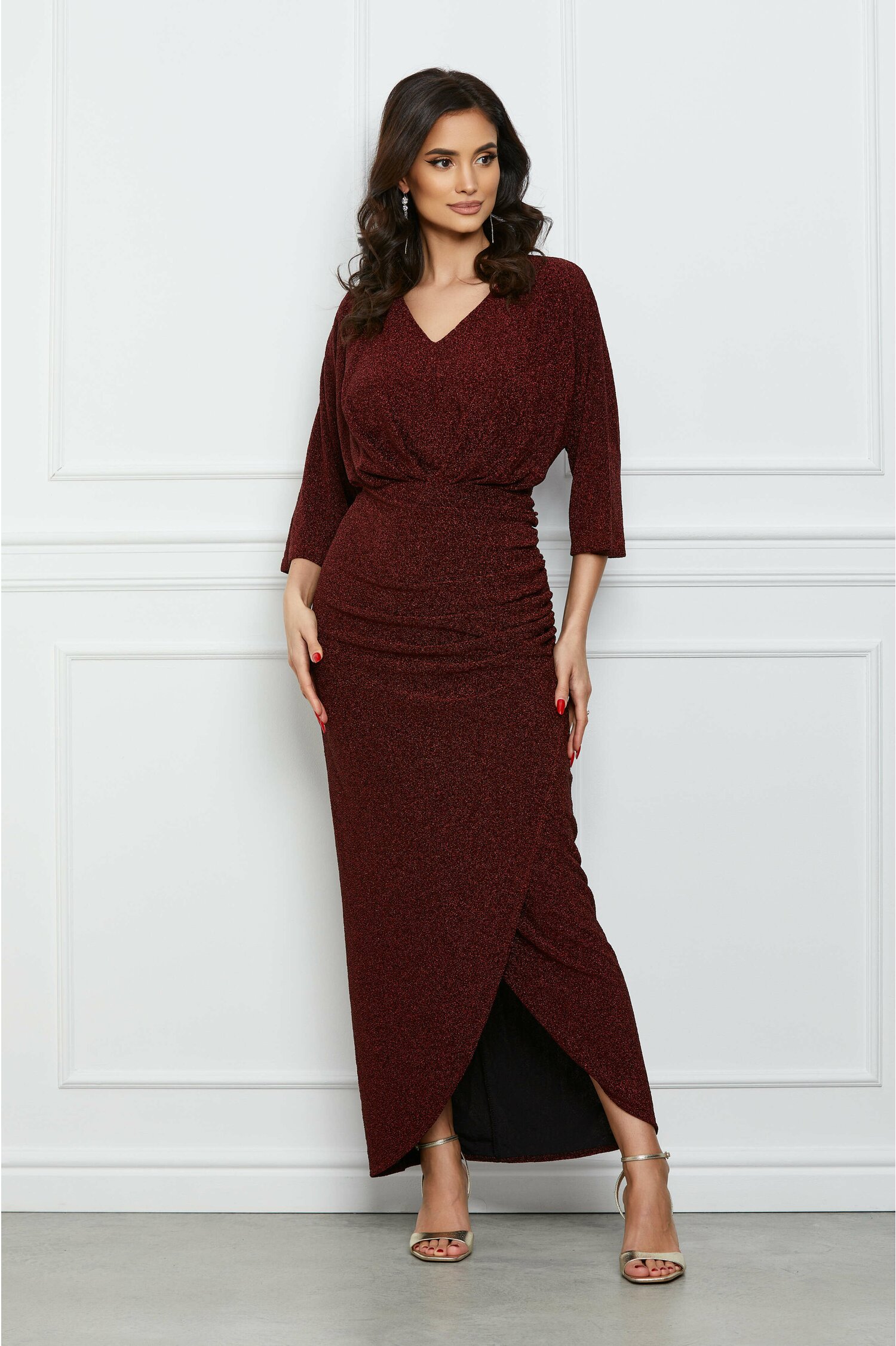 Rochie Pamy rosie din lurex cu fronseu