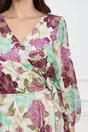 Rochie Patricia alba cu imprimeu floral lila si funda in talie