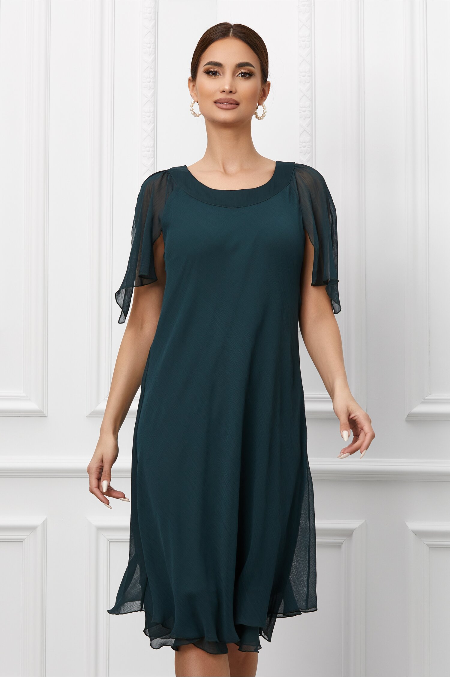 Rochie Raisa verde inchis cu maneci scurte sparte