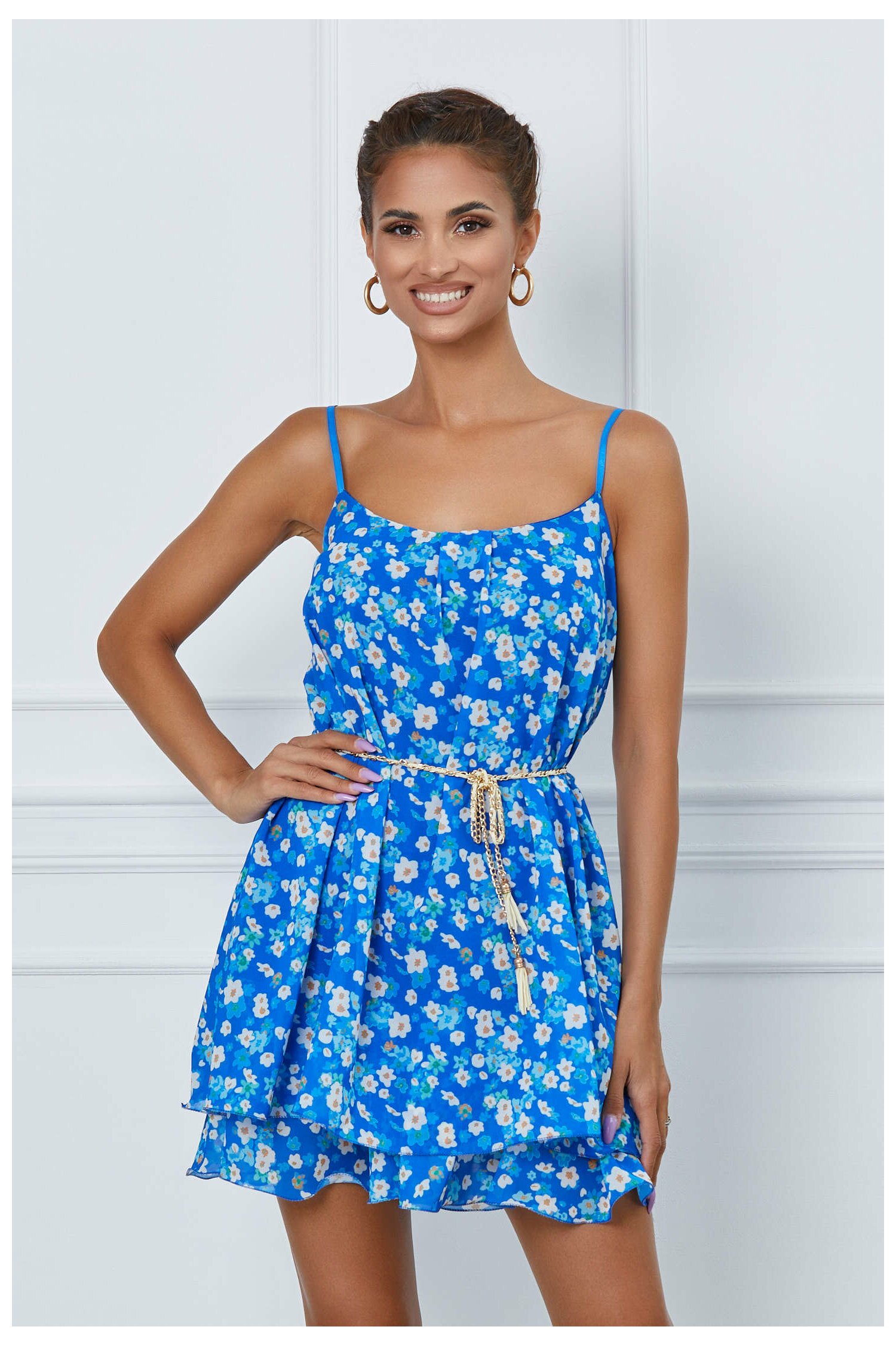 Rochie Raluca albastra cu imprimeu floral si cordon in talie