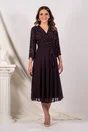 Rochie Ramona mov cu perle si strasuri pe bust accesorizata cu cordon in talie