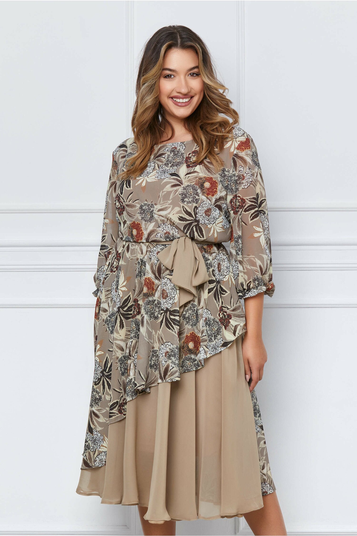 Rochie Rona bej cu imprimeu floral maro