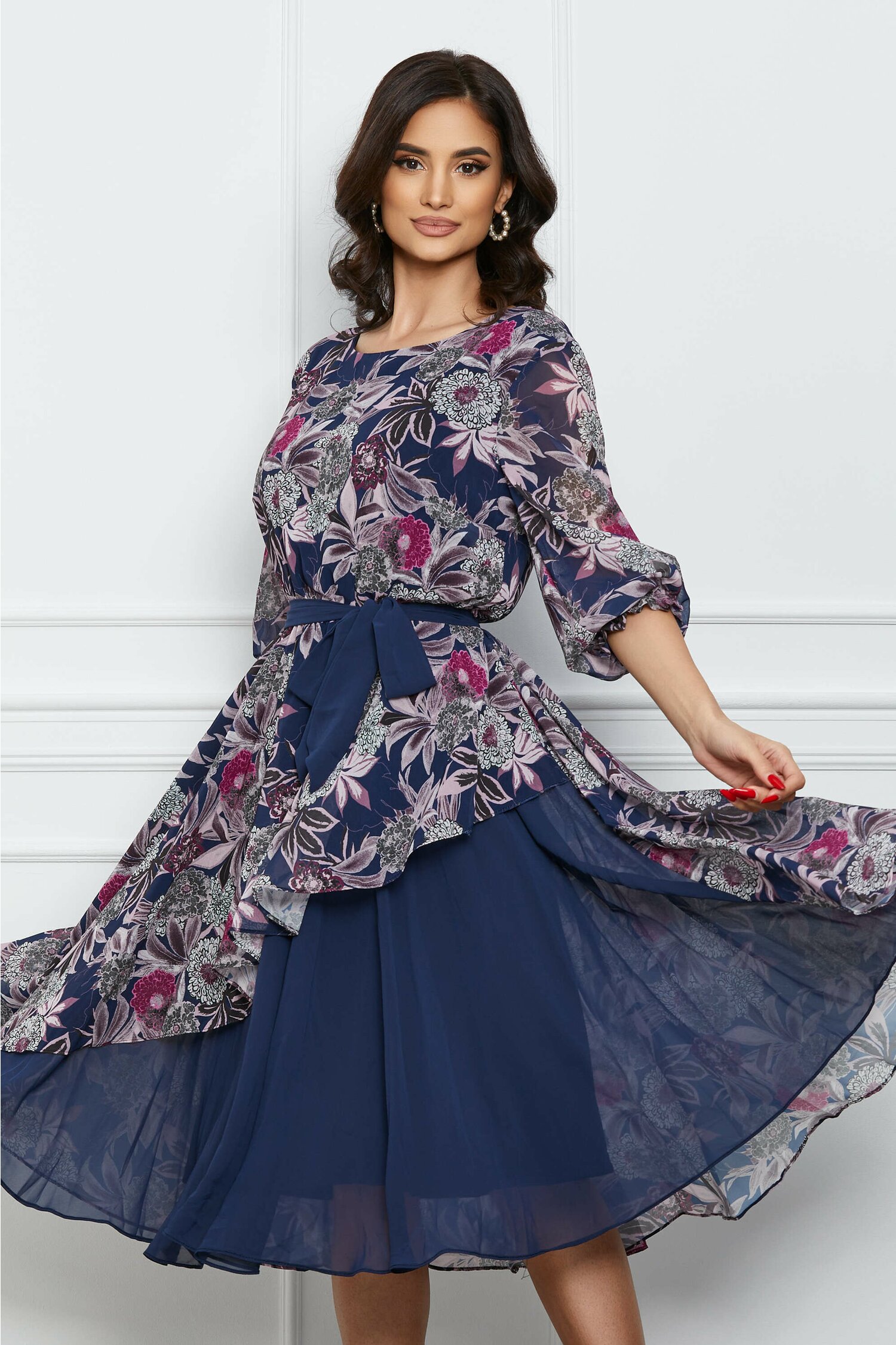 Rochie Rona bleumarin cu imprimeu floral roz