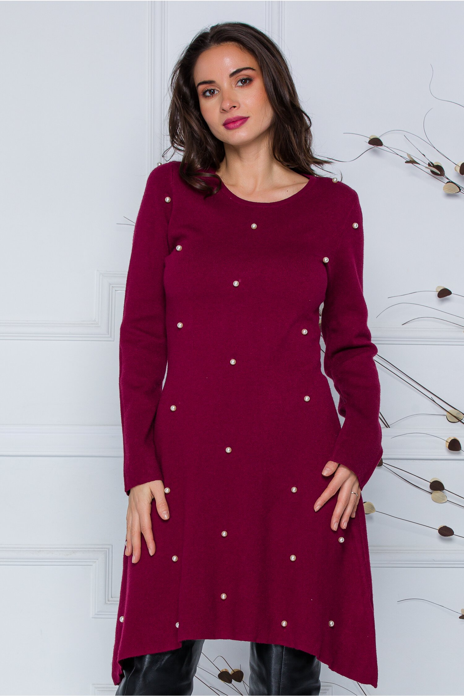 Rochie Rona bordo cu perlute