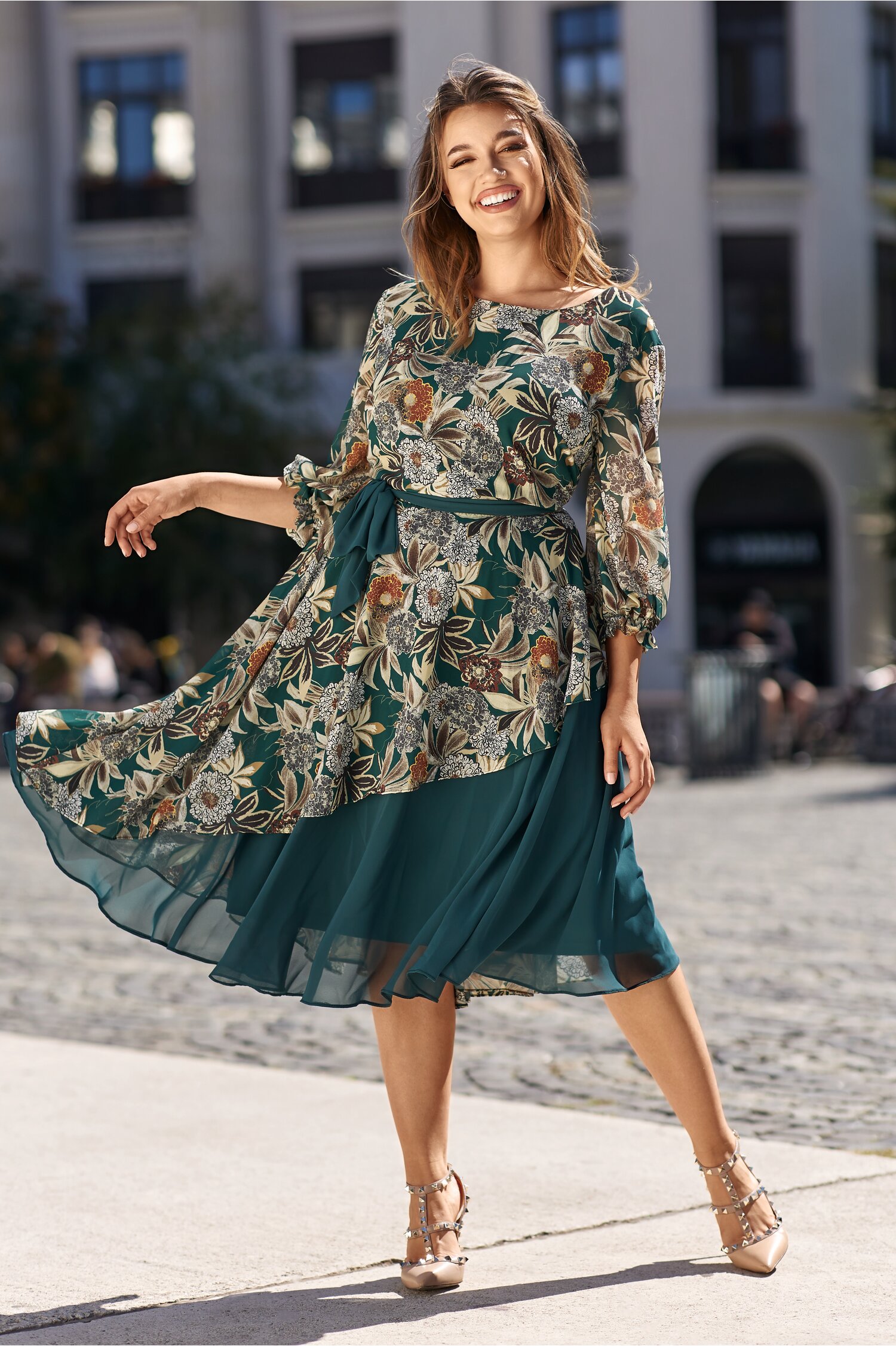 Rochie Rona verde cu imprimeu floral maro
