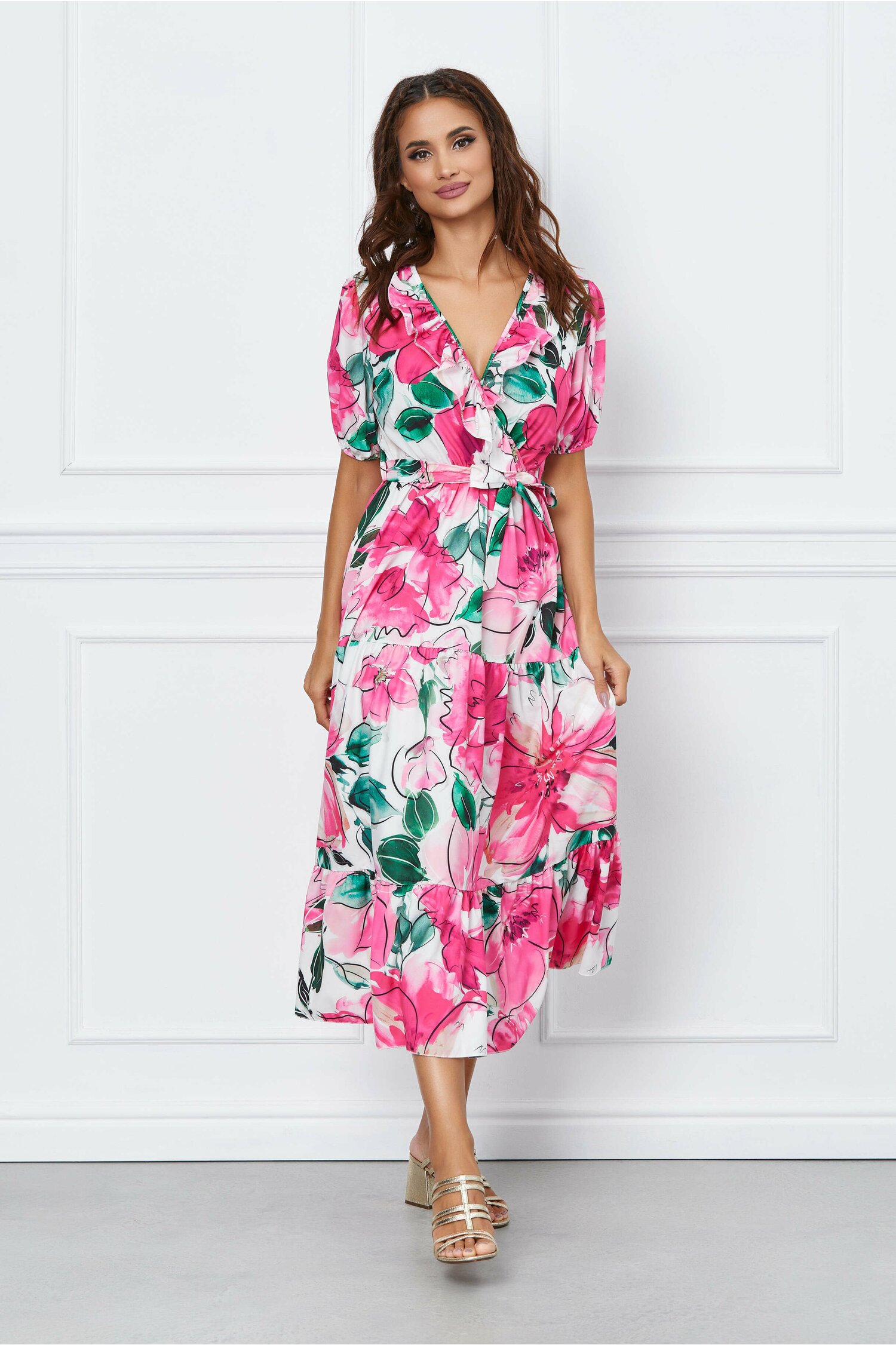 Rochie Sabrina alba cu flori maxi fucsia si cordon in talie