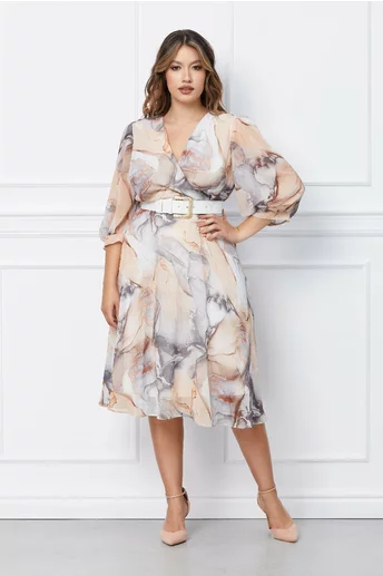 Rochie Sabrina crem cu imprimeuri gri