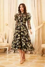 Rochie Sabrina neagra din organza cu imprimeu floral verde si curea