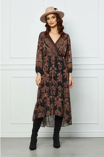 Rochie Sara neagra cu imprimeuri maro si volan la baza