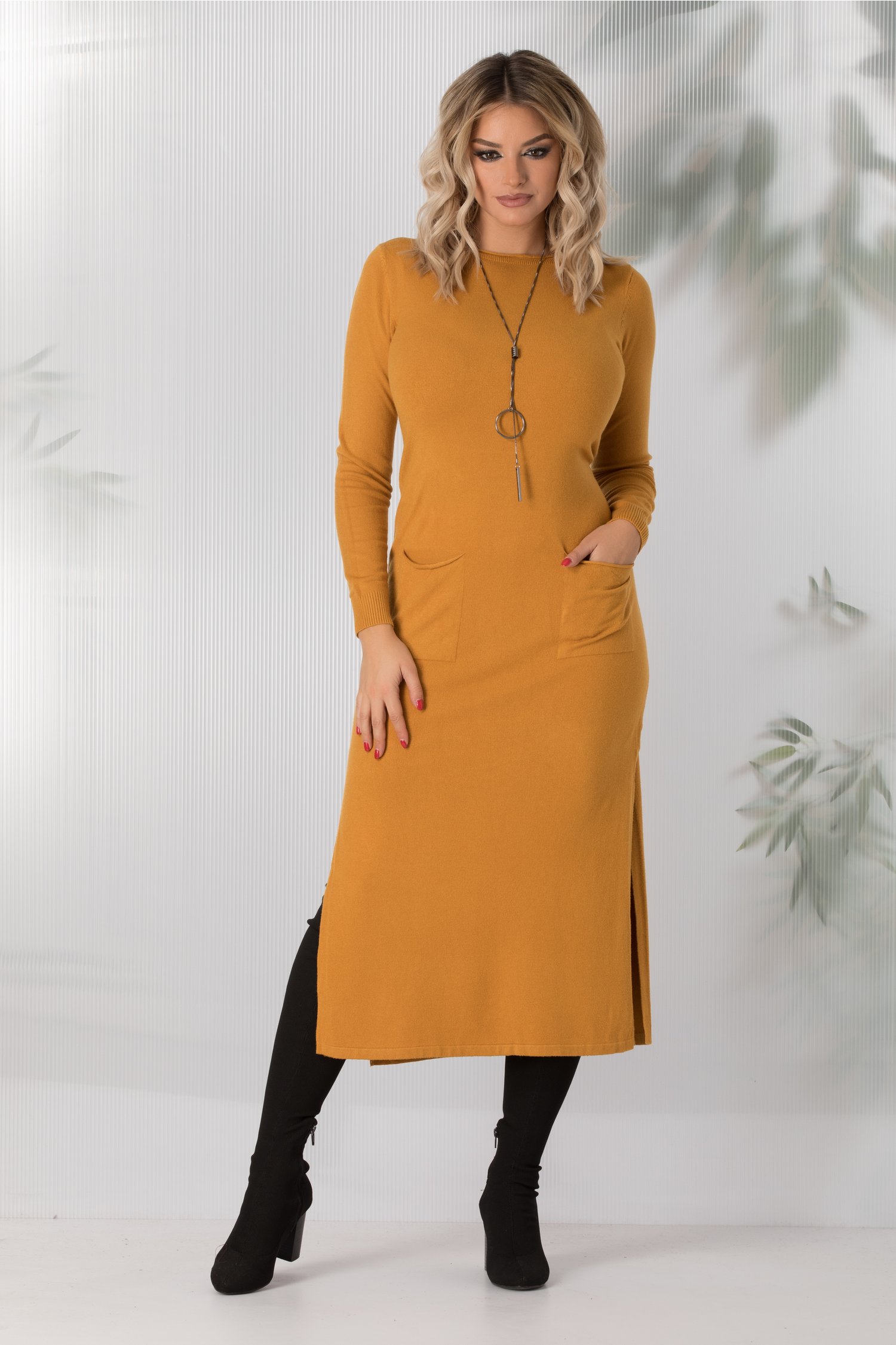 Rochie Sara tricotata galben mustar cu buzunare