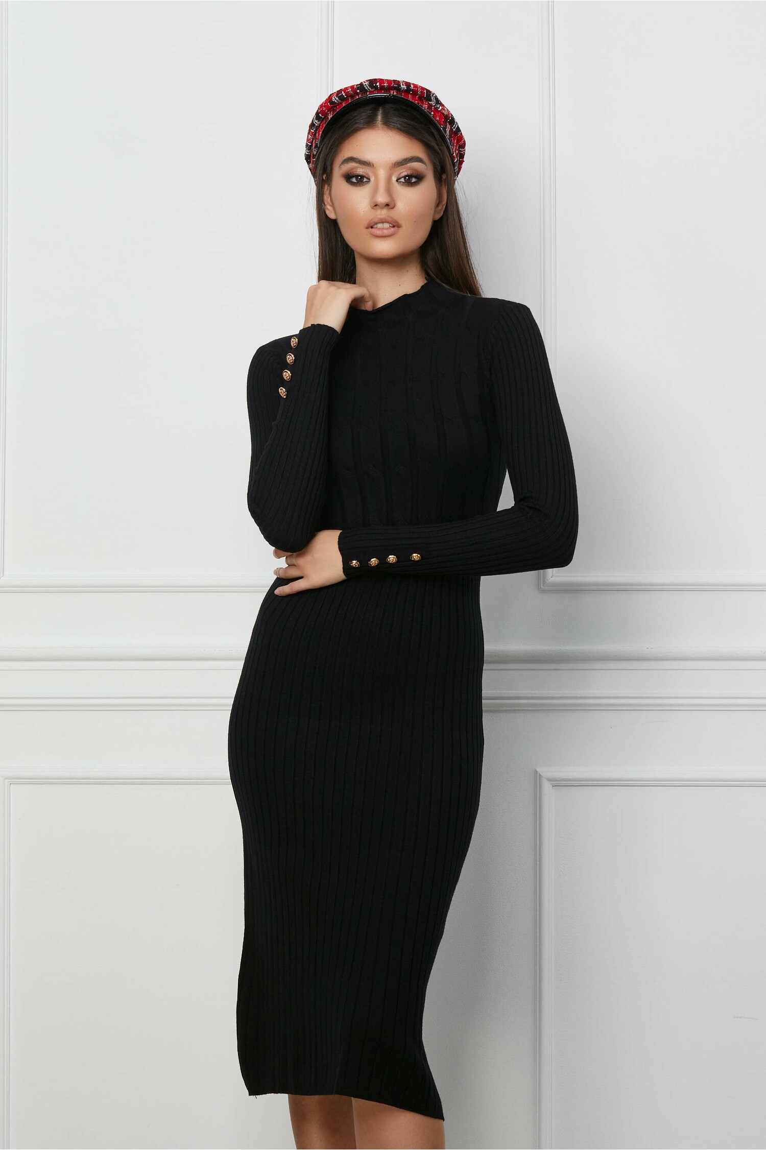 Rochie Selena neagra din tricot cu model in relief