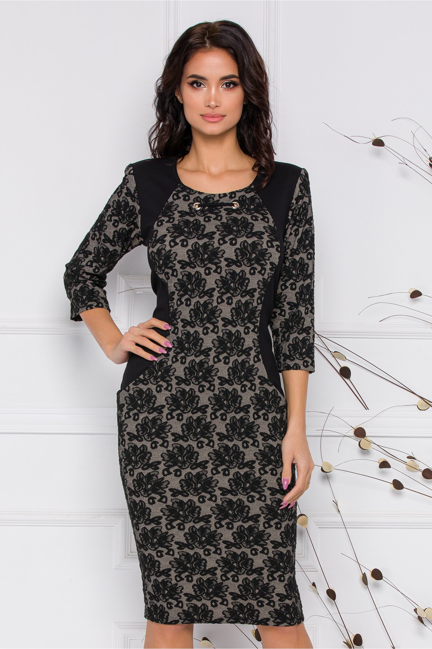 Rochie Sena neagra cu model tip dantela bej