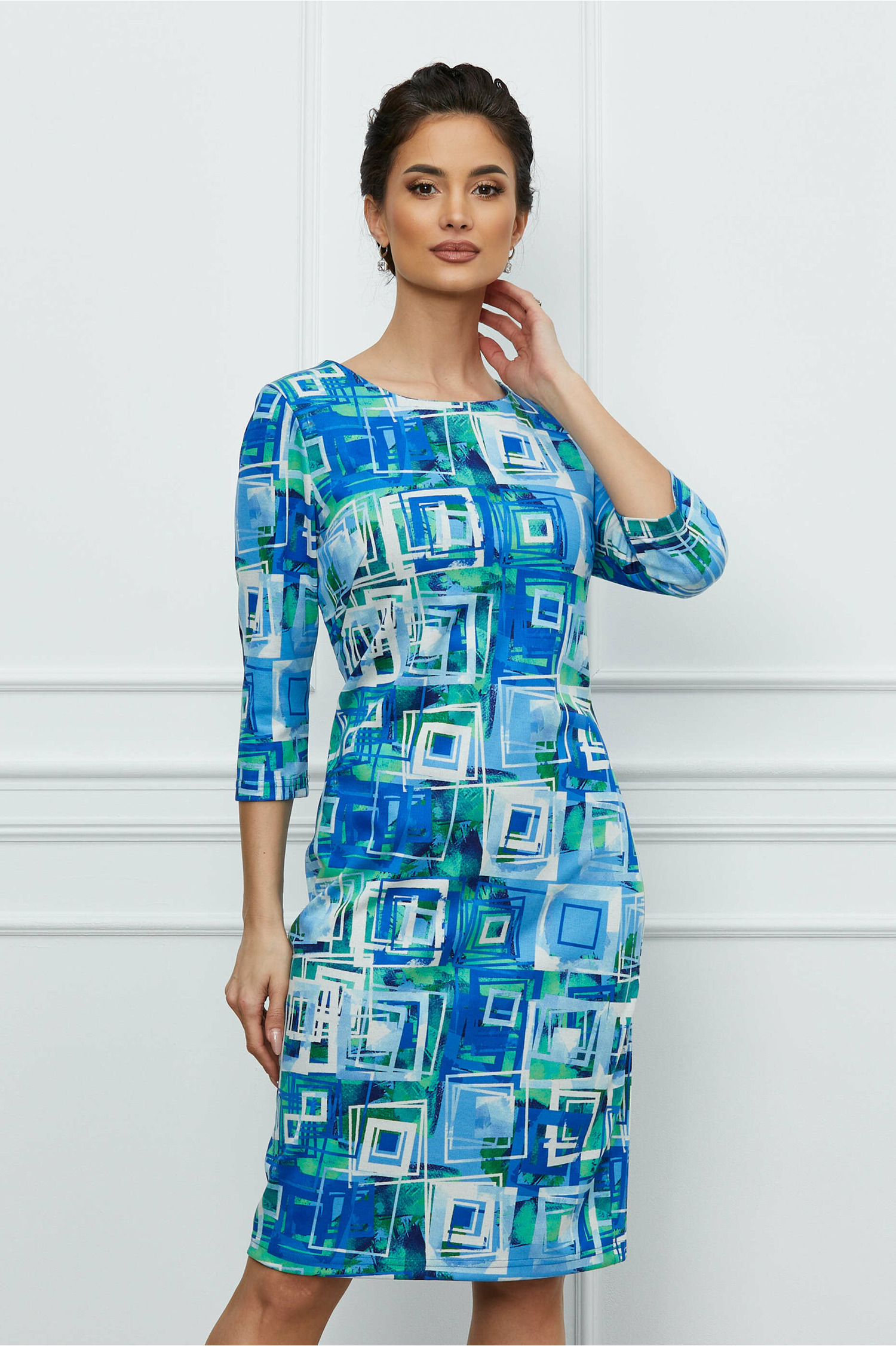Rochie Silvia albastra cu imprimeuri geometrice verzi