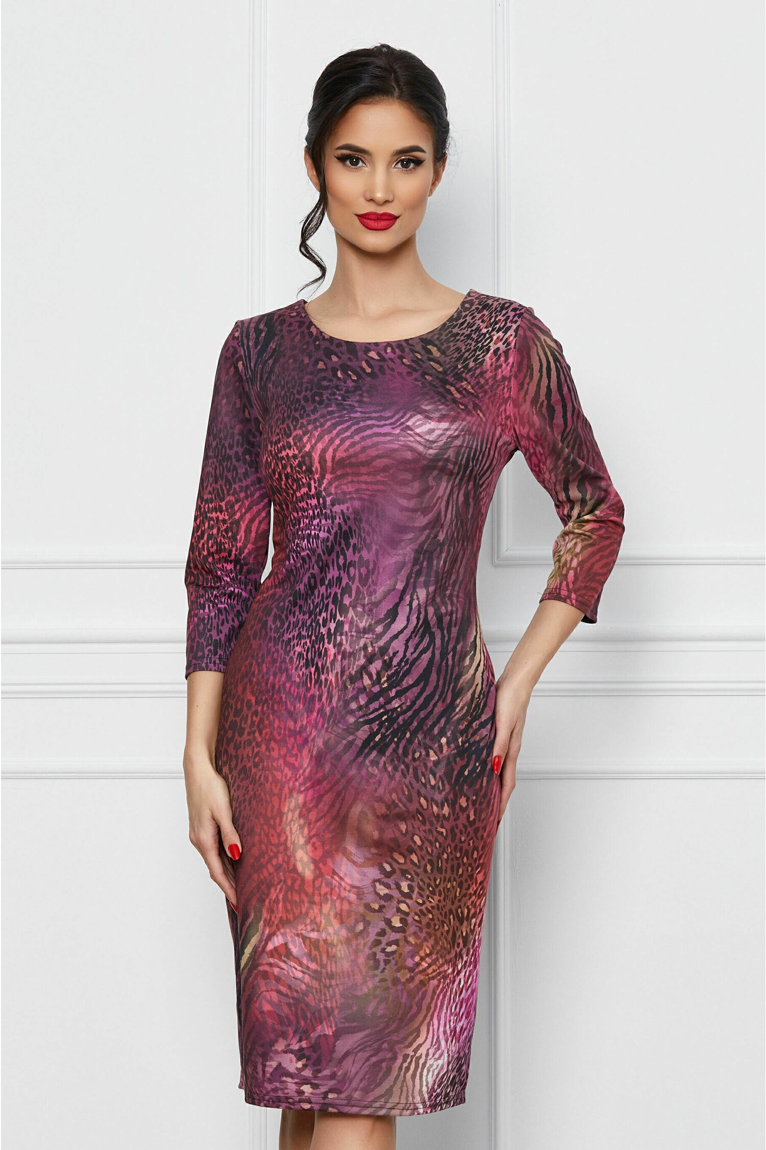 Rochie Silvia fucsia cu animal print - Rochii-Dama.ro