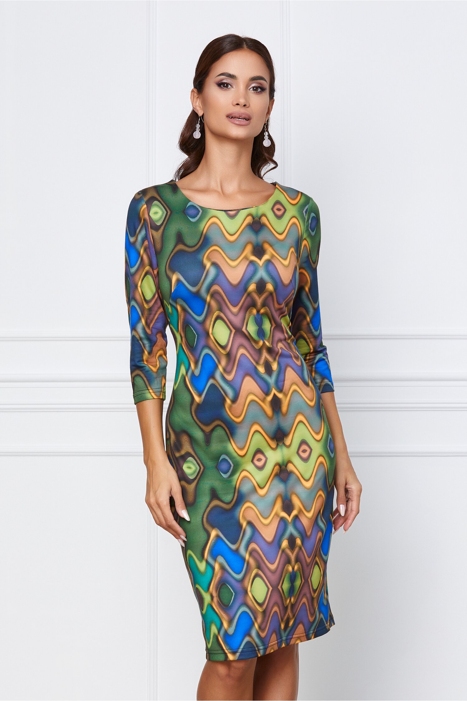 Rochie Silvia verde cu imprimeu galben
