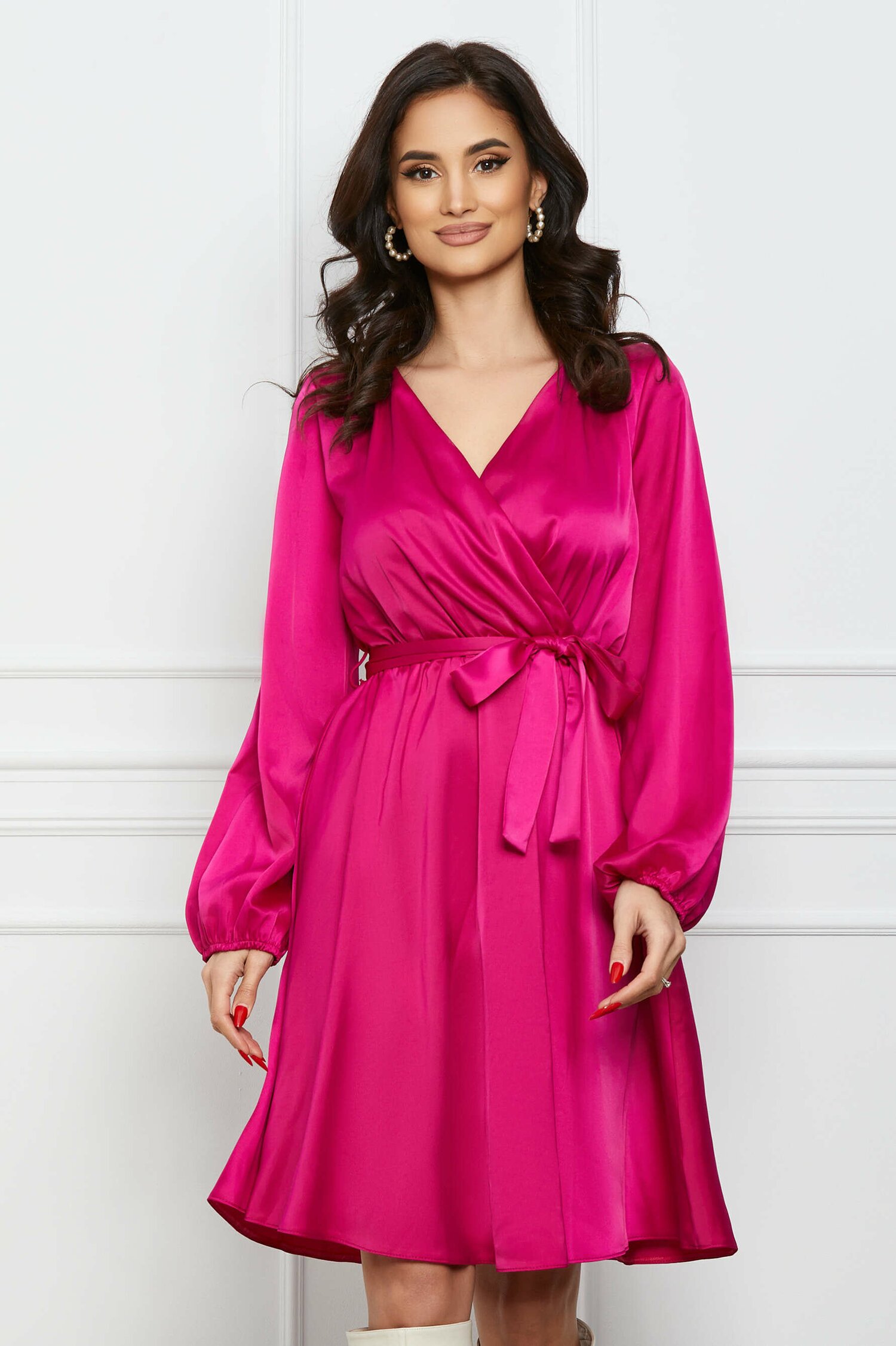 Rochie Simona magenta din satin cu cordon in talie