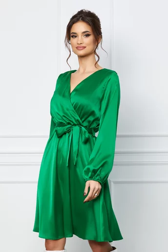 Rochie Simona verde din satin cu cordon in talie