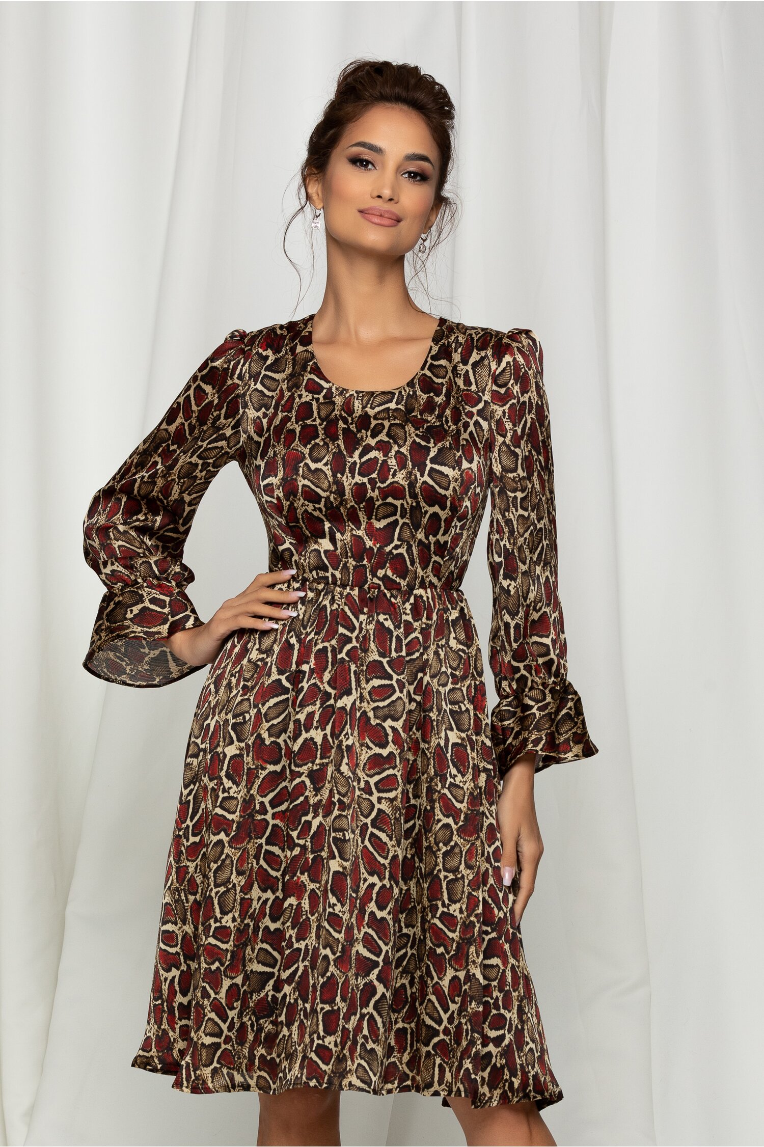 Rochie Sonia cu animal print bordo si maneci cu baza clos