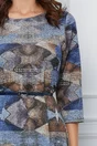 Rochie Sorana albastra cu imprimeu maro si curea in talie