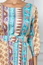 Rochie Sorana ivoire cu imprimeuri turcoaz si fusta plisata